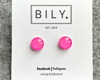 Glass Stud Earrings | Neon Pink Stud Earrings | Glass Earrings | 10mm Tiny POP DOTS | Hot Pink Earrings