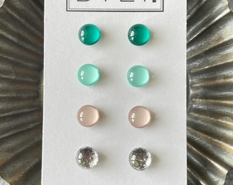 Glass Stud Earrings | Aqua Mix | Glass Earrings | Set of 4 | 8mm Tiny POP DOTS | Aqua Blue Earrings | Teal Stud Earrings