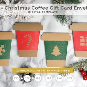 4 en 1 : Enveloppe de carte-cadeau de café de Noël SVG, modèle d’enveloppe, idées de cadeau, fichiers coupés de Cricut, téléchargement de fichiers de coupe de silhouette