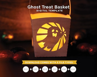 Ghost Treat Basket SVG Pattern, Halloween Printable Box, Kids Party Favor, Treat Box Template, Cricut Cut File, Silhouette Cut File Download