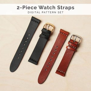 May include: Four leather watch straps in black and brown, with silver and gold buckles. The straps have stitched detailing and are displayed on a light wood surface. The text "2-Piece Watch Straps DIGITAL PATTERN SET" is at the top.