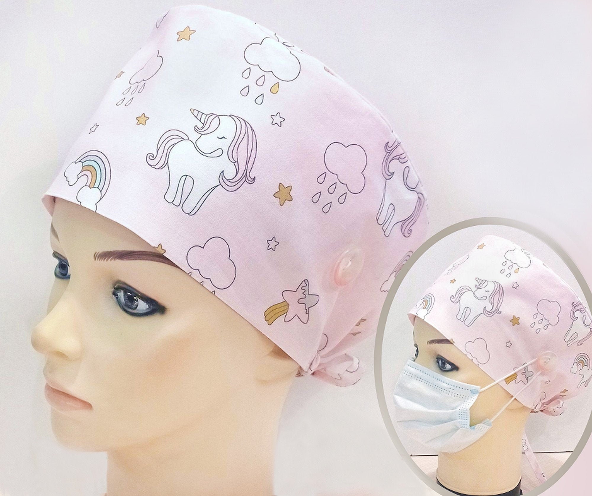 Pink scrub cap unicorns with buttons for mask nursing tie Etsy