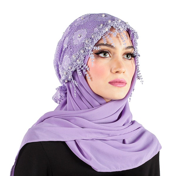 Salma Hijab Lace Cap Chiffon Square Scarf 2 Piece Set Muslim Fashion Ramadan Eid Hijabs
