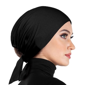 black Hijab Underscarf cap for muslim women with tie back sashes for a secure fit