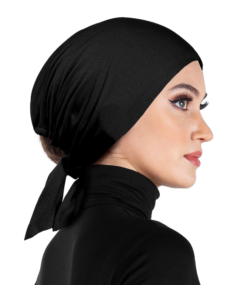 black Hijab Underscarf cap for muslim women with tie back sashes for a secure fit