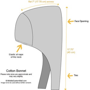 Hijab Underscarf size diagram with measurements and construction details of the bonnet