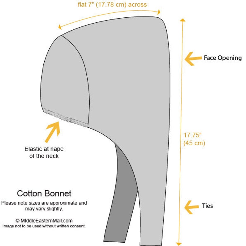 Hijab Underscarf size diagram with measurements and construction details of the bonnet