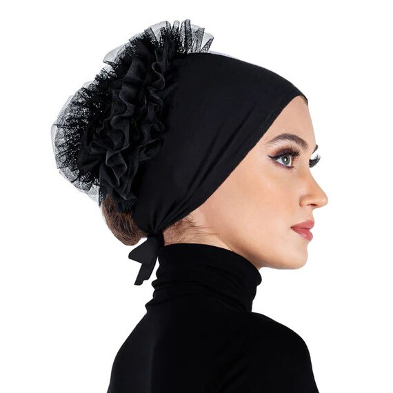 Hijab Undercap Volumizer Bonnet with ties & Tulle Flower Hijab