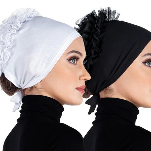 Volumizer Bonnet with ties & Tulle Flower under-scarf Hijab cap