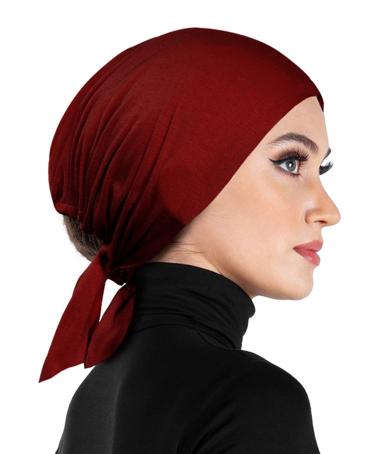 burgundy hair wrap undercap cotton with sashes for secure hold islamic headscarf bonnet