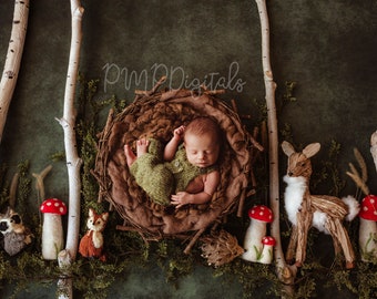 Fundo digital para recém-nascidos Woodland Nest Deer, download digital para recém-nascidos, fundo digital, fundos digitais para fotografia de recém-nascidos