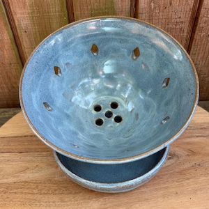 Berry Bowl with plate, Colander, Strainer,  Pottery colander bowl