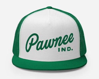 Pawnee Indiana Parks and Recreation Department Green and White Mesh Back Trucker Cap
