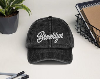 Vintage Brooklyn New York Embroidered Black Cotton Twill Cap