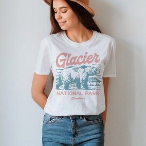 Glacier Tee National Park Montana Grizzly Bear Vintage Mountain White Unisex T-Shirt
