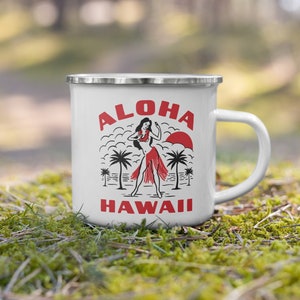 Aloha Hawaii Enamel Mug, Vintage Hula Dancer Beach Camper Mug