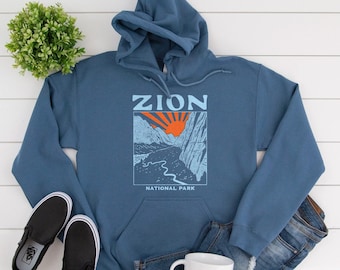 Zion National Park Hoodie Blue Unisex Utah Hiking Angels Landing Sweatshirt