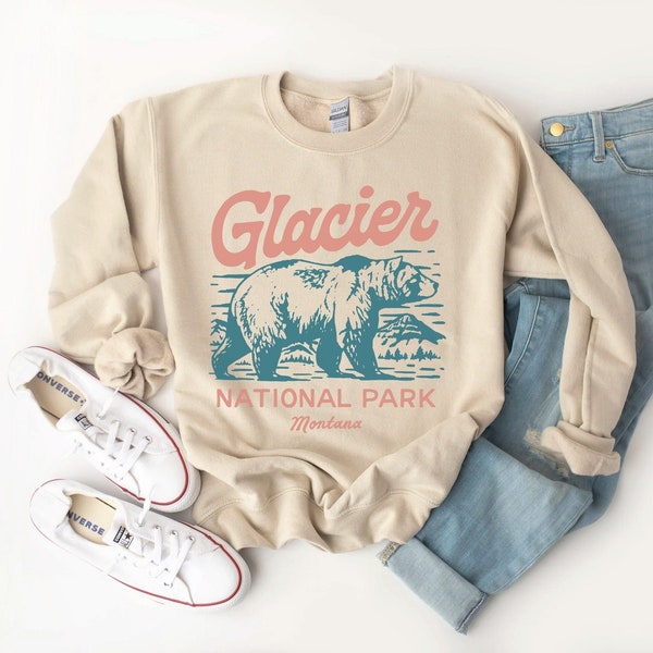 Glacier National Park Sweatshirt Vintage Beige Cream Montana Unisex Crewneck