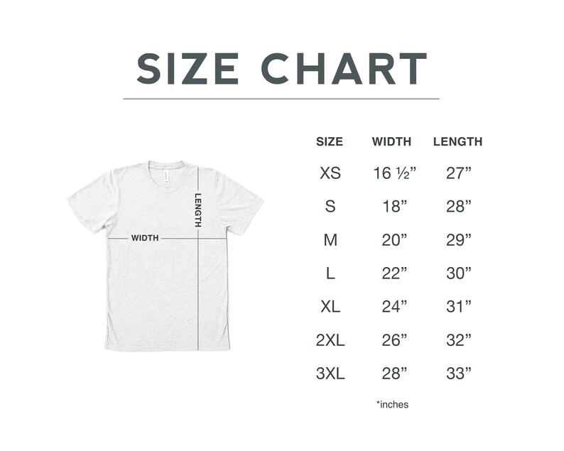 May include: Size chart for a t-shirt with measurements in inches for XS, S, M, L, XL, 2XL, and 3XL sizes. The chart shows the width and length of each size.
