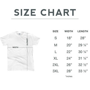 May include: Size chart for a t-shirt with measurements in inches for width and length. Sizes include S, M, L, XL, 2XL, and 3XL.