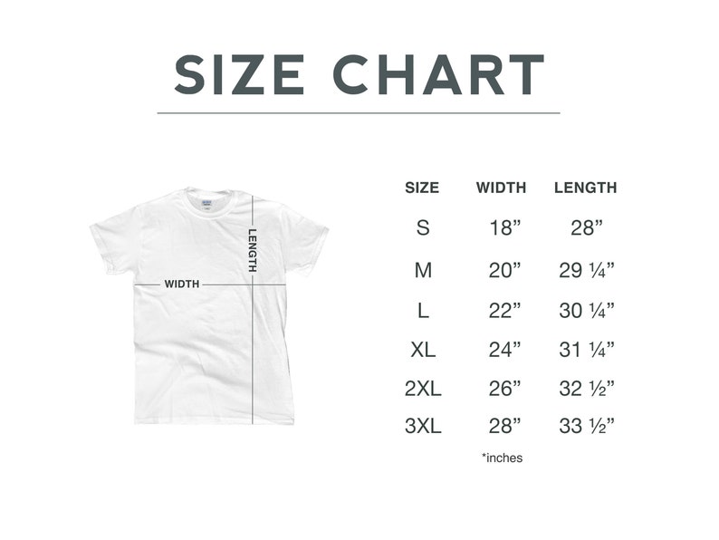 May include: Size chart for a t-shirt with measurements in inches for width and length. Sizes include S, M, L, XL, 2XL, and 3XL.