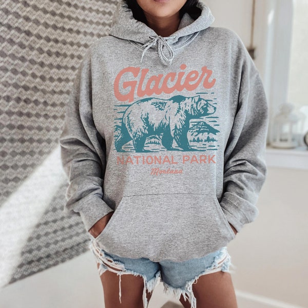 Glacier Bear Hoodie National Park Montana Vintage Heather Gray Unisex Sweatshirt