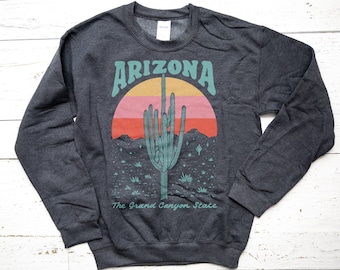 Vintage Arizona Desert Sweatshirt - Saguaro Cactus Dark Heather Gray - Grand Canyon Crewneck