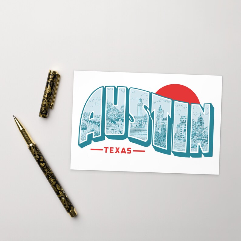 May include: A vintage-style postcard with a blue and white illustration of the Austin, Texas skyline. The text "Austin - Texas" is in red letters.