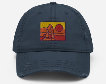 Arches National Park Moab Utah Delicate Arch Navy Blue Distressed Dad Hat