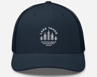 Lake Tahoe Hat Embroidered Navy Blue Mesh Back Trucker Cap
