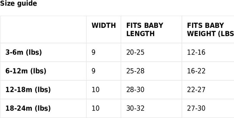 May include: Size guide for baby clothes, showing width, length, and weight ranges in inches and pounds.  The table shows sizes for 3-6 months, 6-12 months, 12-18 months, and 18-24 months.