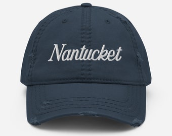 Nantucket Distressed Dad Hat Navy Blue Embroidered