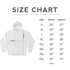 May include: Size chart for a hoodie with measurements in inches. The chart shows the width and length of the hoodie in sizes S through 5XL.