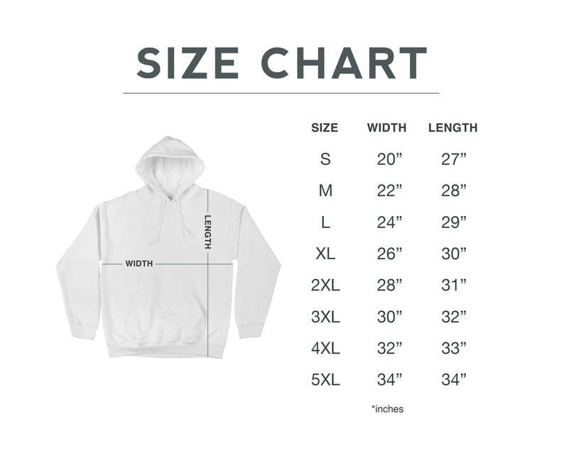 May include: Size chart for a hoodie with measurements in inches. The chart shows the width and length of the hoodie in sizes S through 5XL.