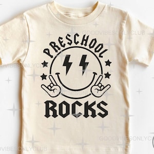 Preschool Rocks SVG PNG, retro blij gezicht, eerste schooldag SVG, grappig kindershirt sublimatieontwerp, digitale bestanden voor de Cricut/silhouet