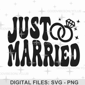 Just Married SVG PNG, Koszulka dla nowożeńców SVG, Tekst falisty retro, Ślub, Nowożeńcy, Projekt sublimacji, Pliki rzemieślnicze cyfrowe dla Cricut/Sylwetka