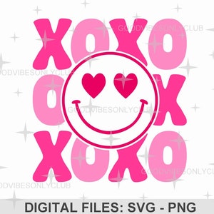 XOXO Happy Face SVG PNG, Groovy Hippie Svg, Hugs & Kisses, Valentine Shirt, Retro Sublimation Design, Cricut/Silhouette Digital Craft Files