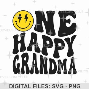 Eine glückliche Oma PNG SVG, 1. Geburtstagsfamilie SVG, gewellter Retro-Text, glückliches Gesicht, Sublimationsdesign, digitale Schnittdateien für Cricut/Silhouette