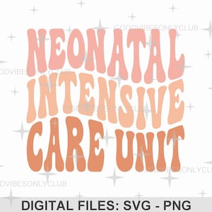 May include: A digital design featuring the text "NEONATAL INTENSIVE CARE UNIT" in a retro, groovy font style. The text is in shades of pink, orange, and peach, creating a gradient effect. The design is perfect for use on t-shirts, mugs, tote bags, and other merchandise.