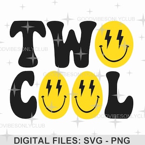 Two Cool PNG SVG, 2nd Birthday Toddler Shirt SVG, Second Birthday, Happy Face, Sublimation Design, Digital Craft Files For Cricut/Silhouette