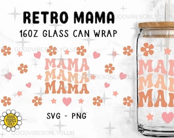 Retro Mama Libbey Glass Can SVG PNG, Gift For Mom, Glass Can Wrap (Digital Download)
