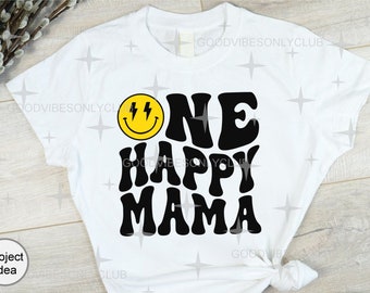 One Happy Mama SVG PNG, Birthday Mom SVG, Retro Wavy Text