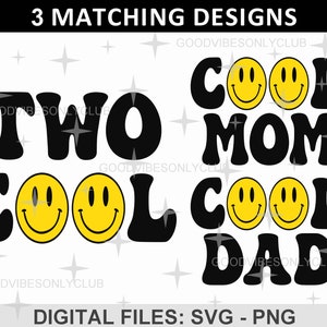 Twee coole PNG SVG, coole moeder, coole vader SVG, blij gezicht, 2e verjaardagsfeestje, bijpassende shirt sublimatieontwerp, Cricut/silhouet digitale bestanden