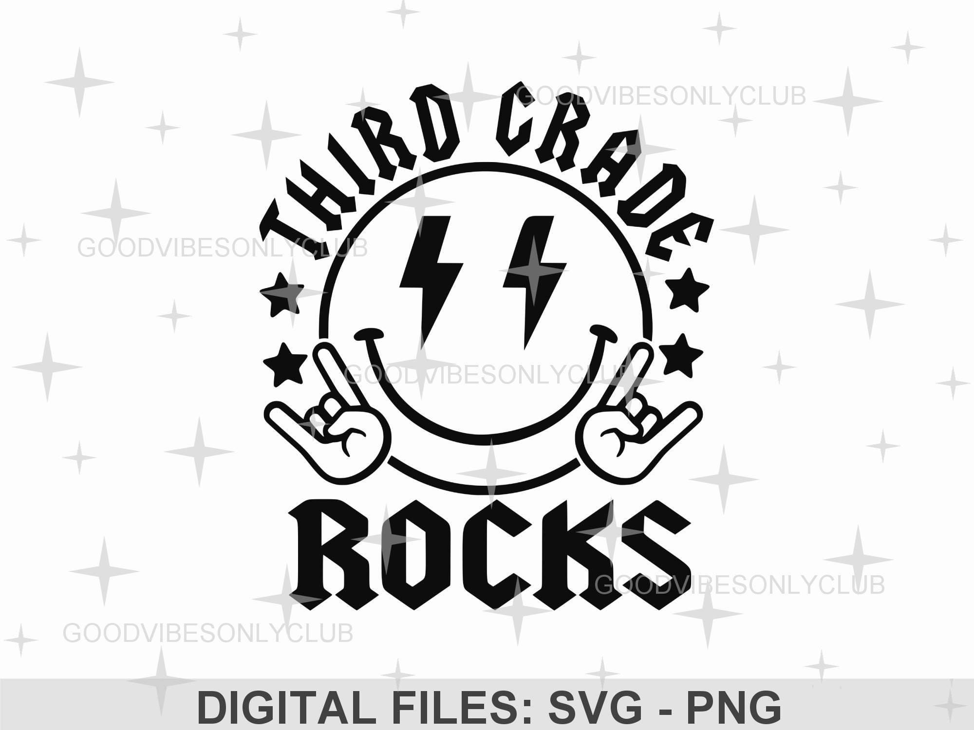 Third Grade Rocks SVG PNG, Retro Happy Face, Back to School, Funny Kids ...