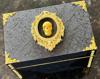 Gothic Black and Gold Wood Skull Box