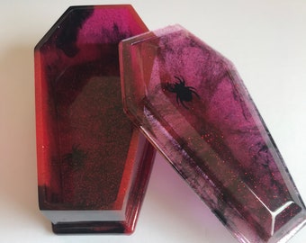 Red, Black and Red Glitter Spider Gothic Resin Coffin Container
