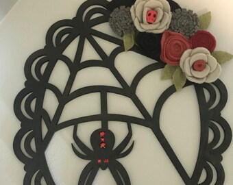 Gothic Wood Spiderweb with Maroon, Gray, and Black Felt Flowers