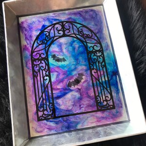 Galvanized Steel Purple and Blue Resin Gothic Window with Bats Tray