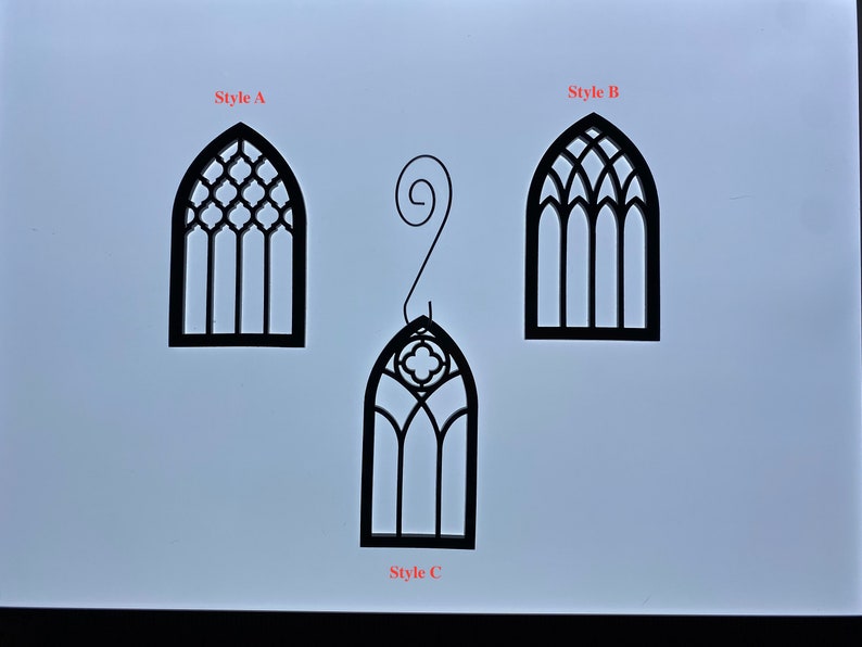 May include: Three black wooden arched window ornaments, labeled "Style A", "Style B", and "Style C".