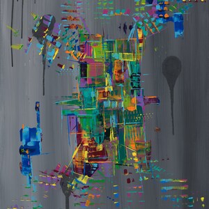 K&ouml;nnte beinhalten: Abstraktes Gem&auml;lde mit grauem Hintergrund und bunten geometrischen Formen. Das Gem&auml;lde zeigt eine Vielzahl von Farben, darunter Blau, Gr&uuml;n, Gelb, Orange und Lila. Die Formen sind in einem zuf&auml;lligen Muster angeordnet, wodurch ein Gef&uuml;hl von Bewegung und Energie entsteht.